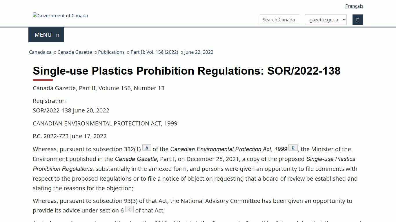 Canada Gazette, Part 2, Volume 156, Number 13: Single-use Plastics Prohibition Regulations